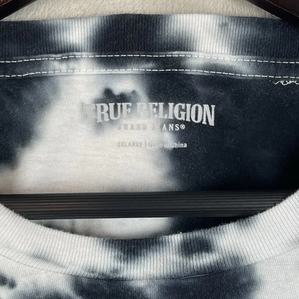 True Religion Tie Dye Black Velour Horseshoe T Shirt Men's 2XL Y2K Streetwear